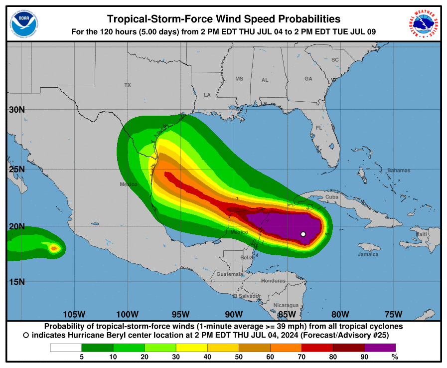 Hurricane Beryl's wind speed probabilities. July 4, 2024.  / Credit: NOAA