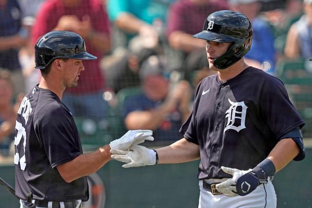 Detroit Tigers' Tyler Nevin, right, celebrates with Andre Lipcius after hitting a three-run home run against the Baltimore Orioles during the fifth inning of a spring training baseball game Thursday, March 2, 2023, in Lakeland, Fla.
