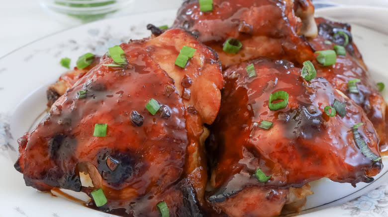 close-up glazed chicken thighs