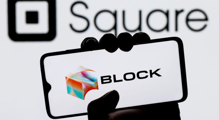 Block logo over a background with former square logo. SQ stock.