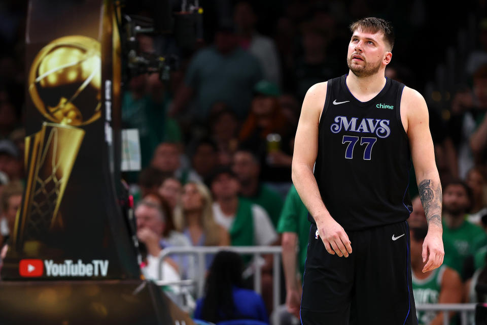 BOSTON, MASSACHUSETTS - JUNE 06: Luka Doncic #77 of the Dallas Mavericks looks on during the fourth quarter against the Boston Celtics in Game One of the 2024 NBA Finals at TD Garden on June 06, 2024 in Boston, Massachusetts. NOTE TO USER: User expressly acknowledges and agrees that, by downloading and or using this photograph, User is consenting to the terms and conditions of the Getty Images License Agreement. (Photo by Maddie Meyer/Getty Images)