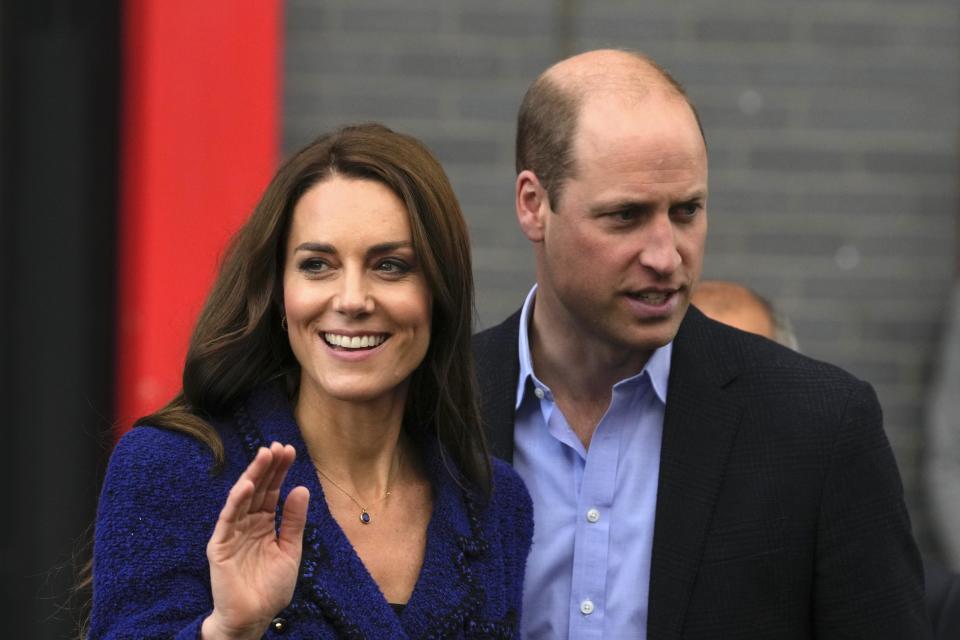 FILE - Britain's Kate, Princess of Wales, and Prince William, Prince of Wales, leave the Copper Box Arena in the Queen Elizabeth Olympic Park after taking part in an event with Coach Core, in London, Oct. 13, 2022. Prince William and the Princess of Wales will make their first trip to the U.S. in eight years this week, hoping to focus attention on his Earthshot Prize for environmental innovators. (AP Photo/Kin Cheung, File)