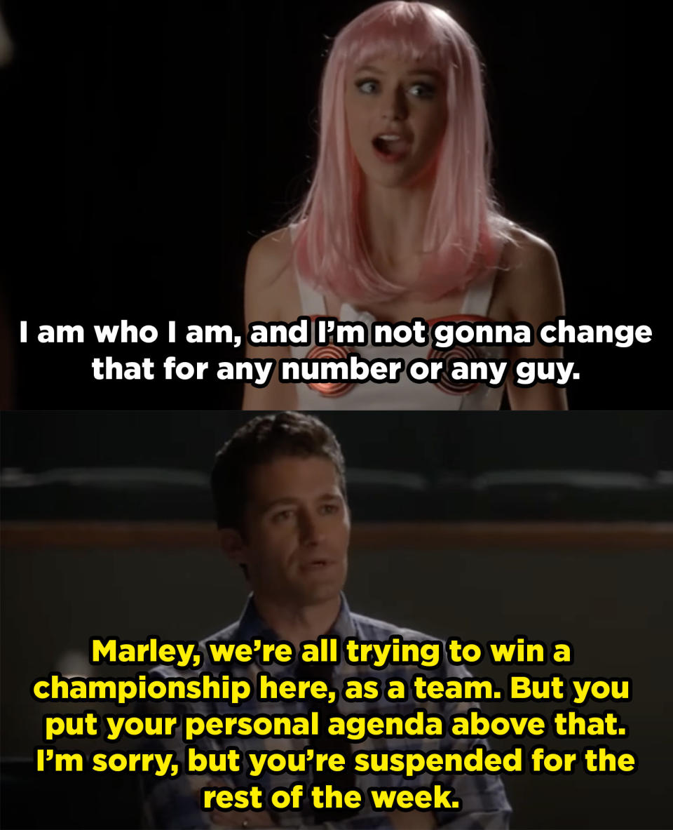 Marley says she is who she is and won't change it for a number, then Mr. Schue tells her she put her personal agenda above the team and suspends her