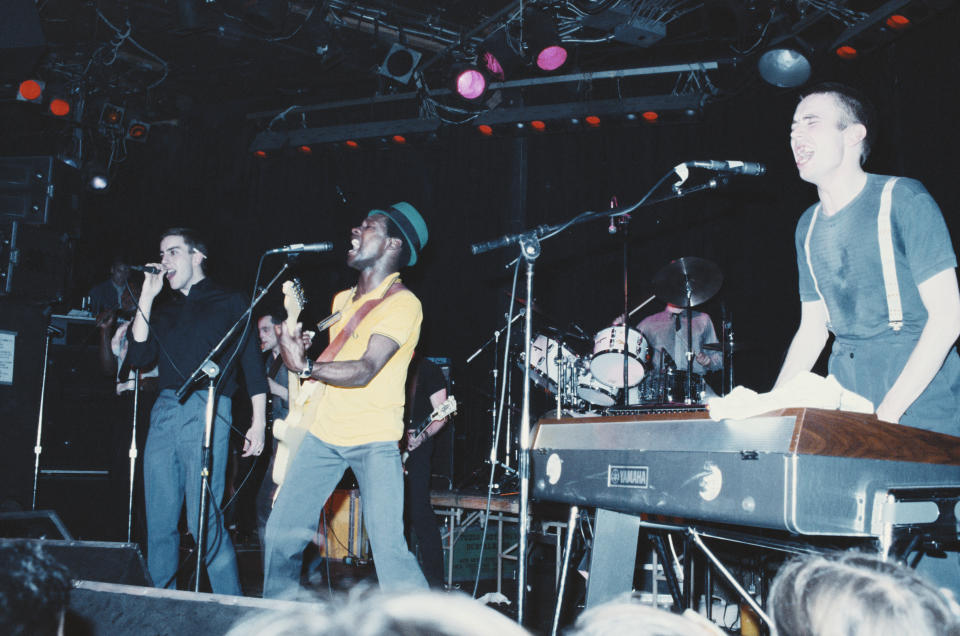 From left: Hall, Golding and Dammers oon stage in Los Angeles in 1980. (Michael Putland/Getty Images)