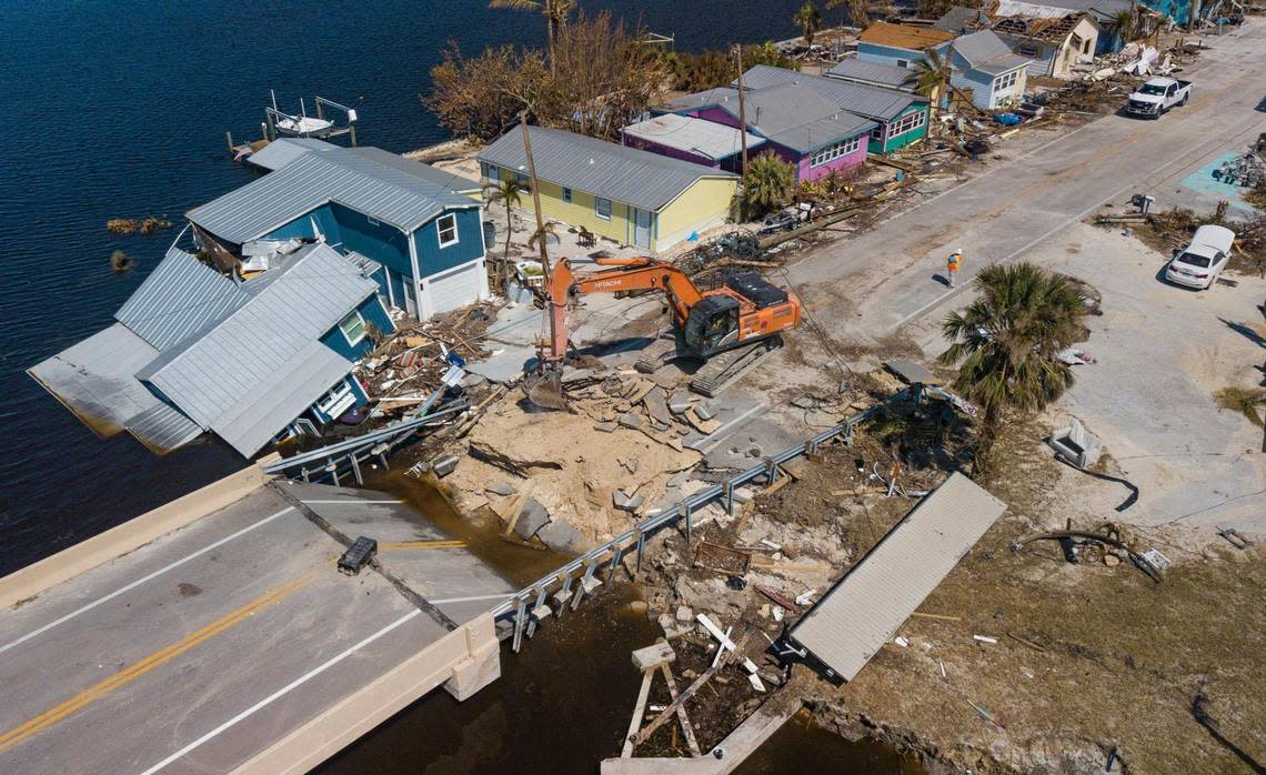 The Matlacha bridge damaged during Hurricane Ian begins to be repaired on Tuesday, October 4, 2022.