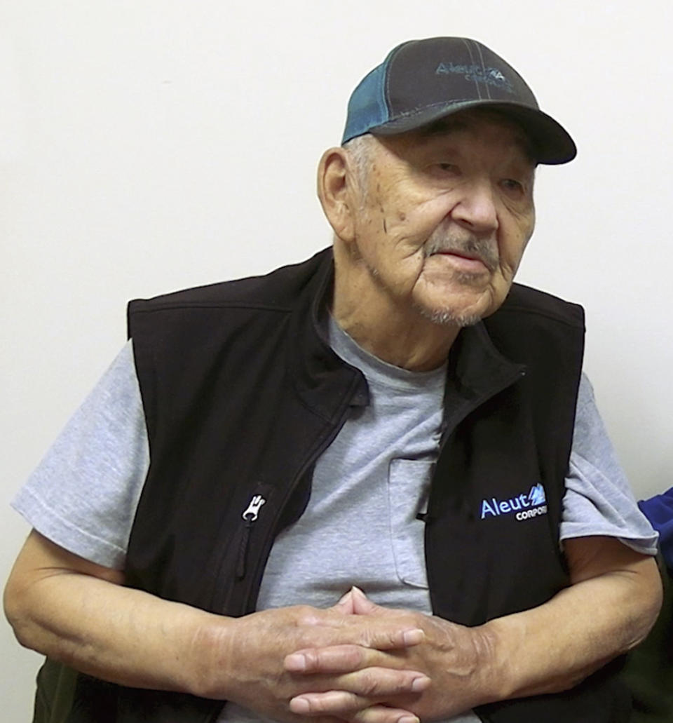 In this photo provided by Aleutian Pribilof Islands Association, Inc., Gregory Golodoff takes part in an interview, April 26, 2023, at the association's office in Anchorage, Alaska. Golodoff, who died on Nov. 17, 2023, was the last living resident of Attu, Alaska, whose residents were captured by the Japanese in World War II. Residents were interned in Japan during the war, and most resettled in Atka, Alaska, after the war concluded. (Chrissy Roes/Aleutian Pribilof Islands Association, Inc. via AP)