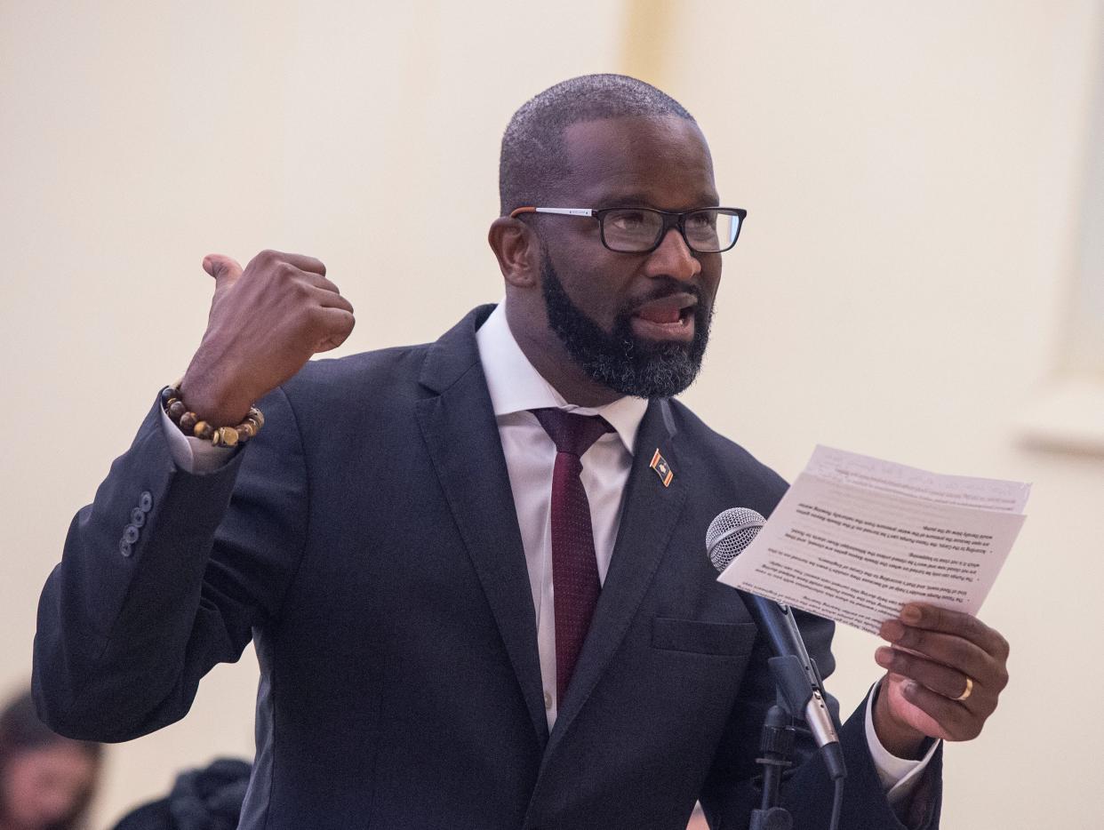 Ty Pinkins speaks about issues regarding the decades-long failure to install the Yazoo Pumps to mitigate flooding during a town meeting in Rolling Fork on Aug. 24, 2022. Pinkins' campaign told the Clarion Ledger via email that he is unhappy with the National Democratic Party and Bennie Thompson.