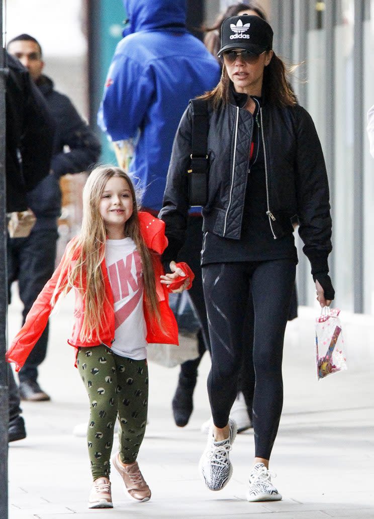 Exclusive... 52355251 Fashion designer Victoria Beckham is seen enjoying a stroll alongside her cute five year-old daughter Harper in Notting Hill, London on March 19, 2017. The mother and daughter duo were both casually dressed, with Victoria wearing an all-black ensemble that included an Adidas cap and a pair of white sneakers. FameFlynet, Inc - Beverly Hills, CA, USA - +1 (310) 505-9876 RESTRICTIONS APPLY: USA/CHINA ONLY