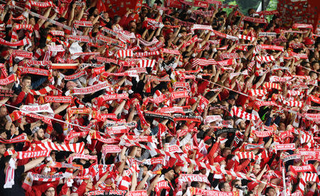 Soccer Football - Bundesliga Relegation Playoff - Union Berlin v VfB Stuttgart - Stadion An der Alten Forsterei, Berlin, Germany - May 27, 2019 Union Berlin fans REUTERS/Annegret Hilse DFL regulations prohibit any use of photographs as image sequences and/or quasi-video