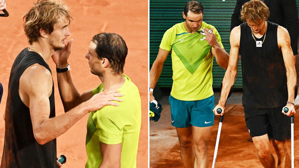 Rafa Nadal, pictured here consoling Alexander Zverev after the devastating scenes at the French Open. 