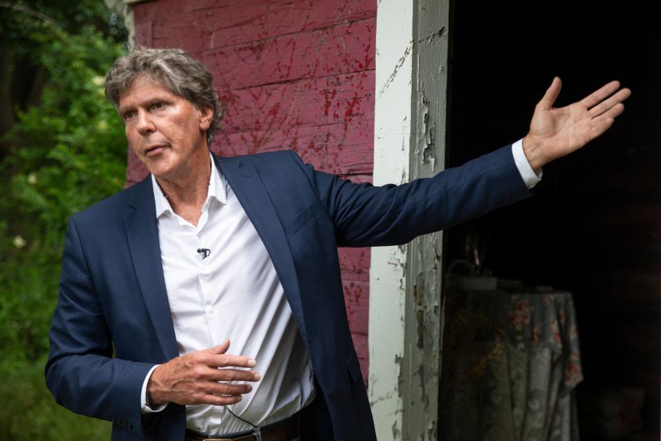 Mayor John Pallone at the tea house in Long Branch built out of railroad ties that led to President James Garfield's summer cottage. Long Branch has been working to preserve its presidential past. 
Long Branch, NJ
Wednesday June 28, 2023