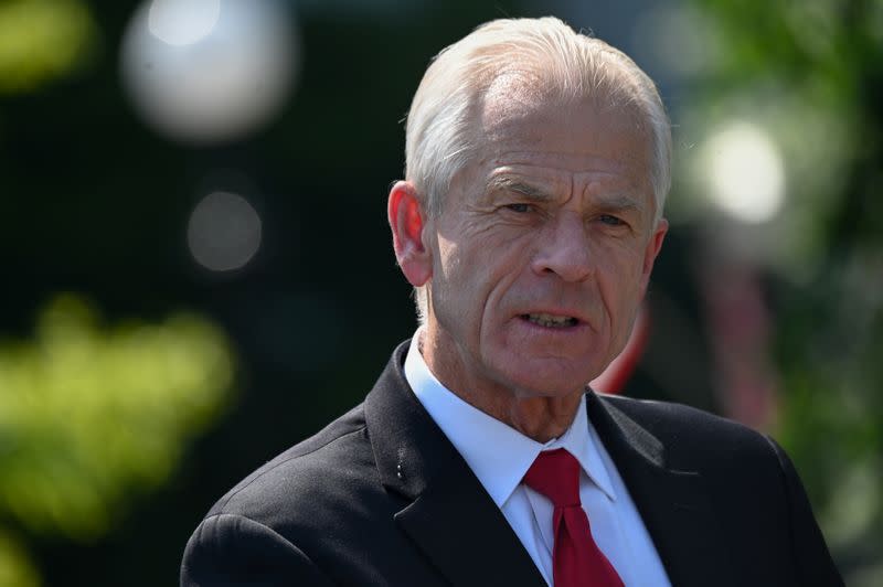 White House adviser Peter Navarro speaks to reporters outside the West Wing in Washington