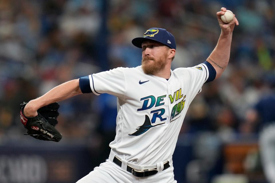 Tampa Bay Rays relief pitcher Jake Diekman throws to a Texas Rangers batter during the eighth inning of Game 1 of an AL wild-card baseball playoff series Tuesday, Oct. 3, 2023, in St. Petersburg, Fla.