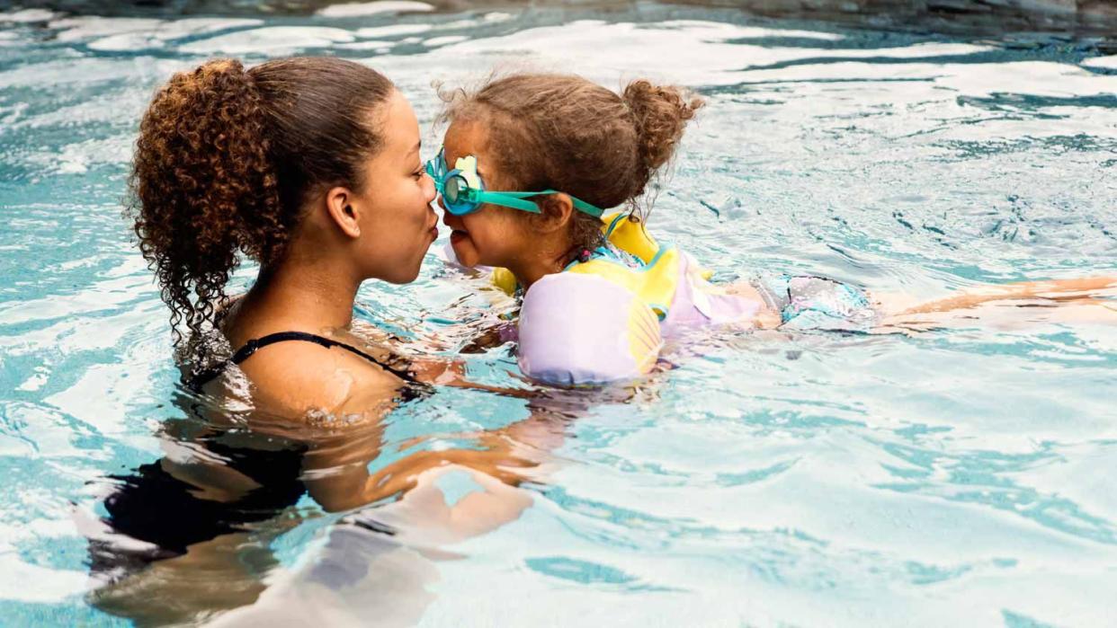 Sisters having fun in the backyard pool