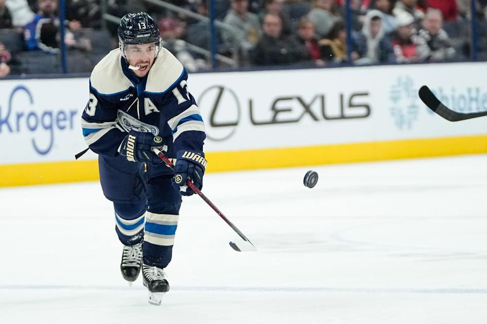 Blue Jackets forward Johnny Gaudreau makes a pass on Tuesday.