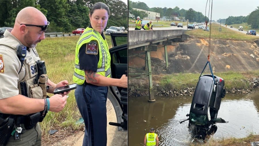 Photo of Deputy Dustin Oswald and Trooper Spencer Adkinson next to the crashed car. (Photo left-Courtesy of RickeyStokesNews, Photo right- Courtesy of Chris Judah)