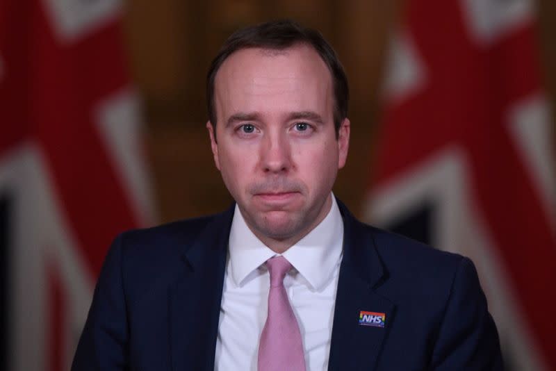 Britain's Health Secretary Matt Hancock attends a media briefing on COVID-19 at 10 Downing Street in London