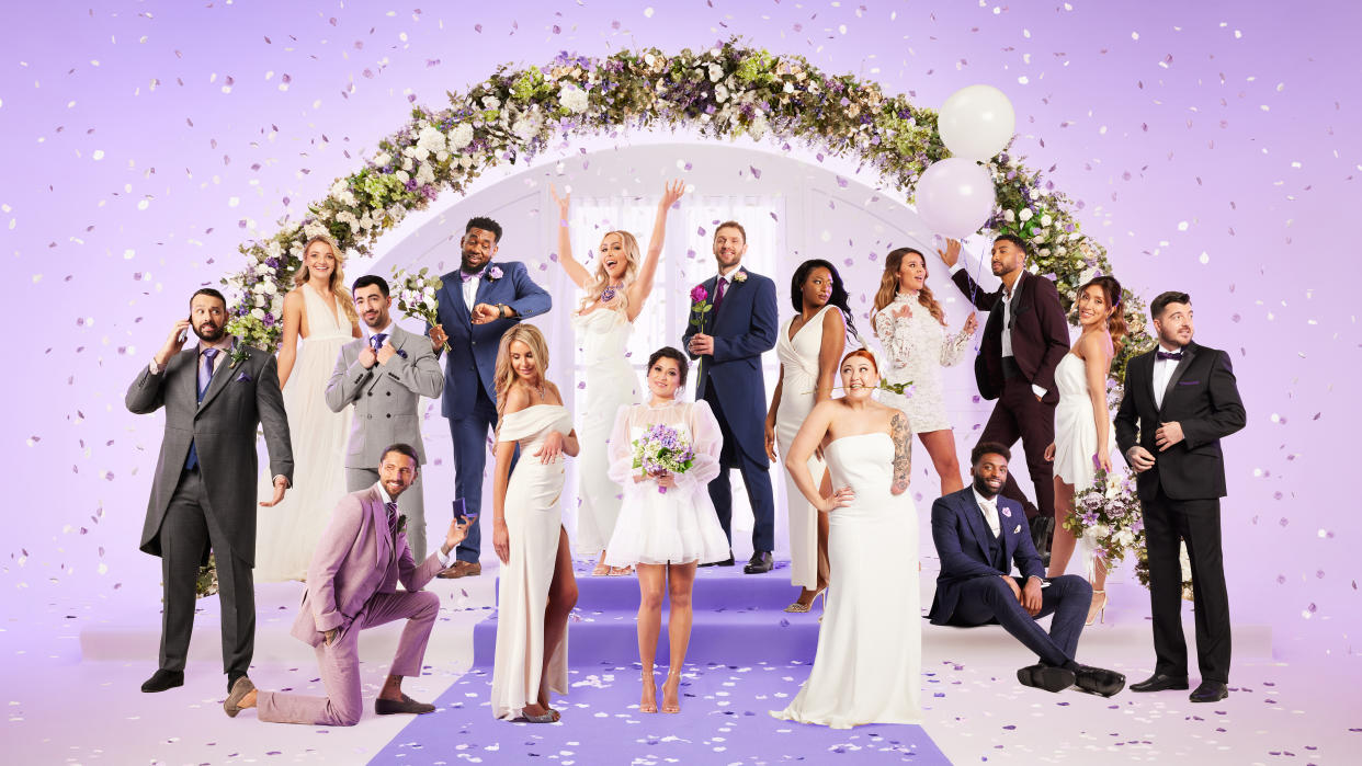  Married at First Sight UK 2023 contestants under a floral arch and a purple background. 