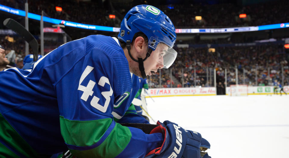 Canucks' Quinn Hughes left Friday night's game against the Anaheim Ducks after twisting his ankle in the first period. (Photo by Derek Cain/NHLI via Getty Images)