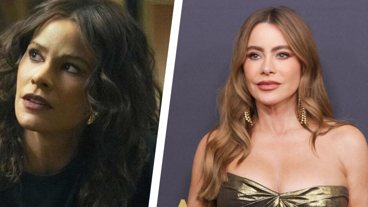 actress sofia vergara in makeup and prostethics on the left and her without on the right