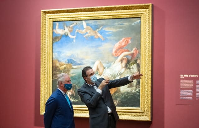 The Prince of Wales and National Gallery director Dr Gabriele Finaldiis in front of The Rape of Europa by Titian