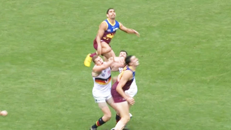 Charlie Cameron (pictured above) soaring above Crows ruckman Reilly O’Brien to take a Mark of the Year contender. (Image: Fox Footy)