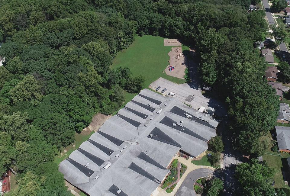 An aerial view Maclary Elementary School near Newark.  Madison Sparrow was murdered on the Maclary Nature Trail, which runs behind the school, in 2020.