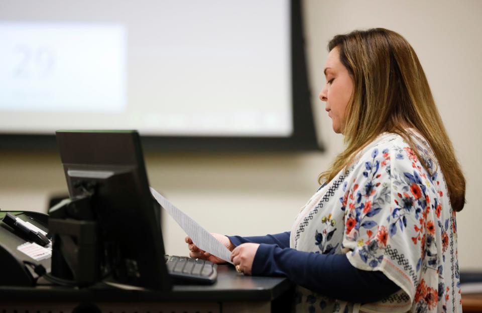 Laura Mullins, president of Springfield National Education Association, spoke to the school board about employee pay concerns in February 2023.