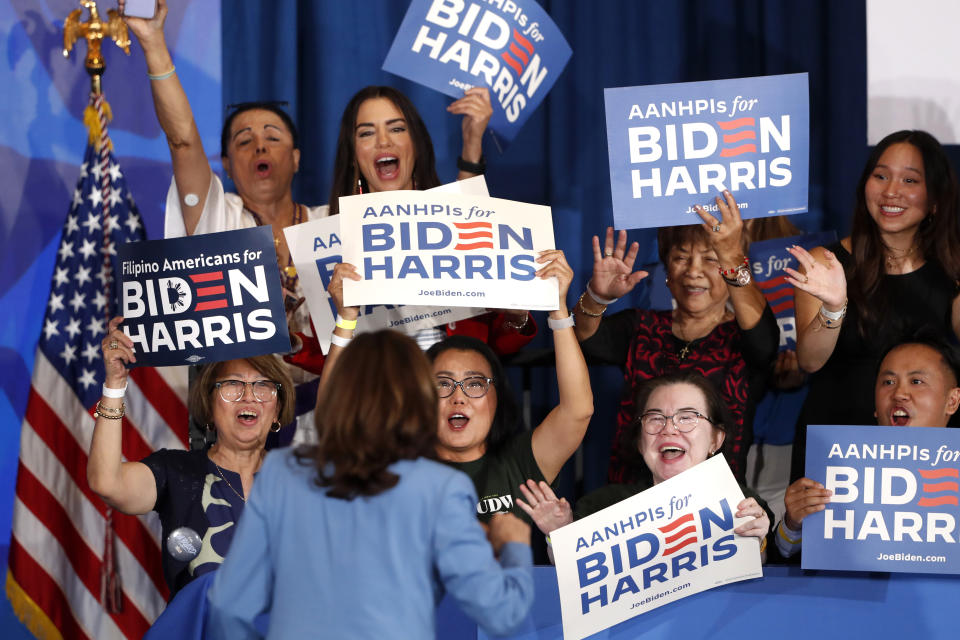 Supporters react to Vice President Kamala Harris during a campaign rally Tuesday, July 9, 2024, in Las Vegas. Harris announced the launch of Asian American, Native Hawaiian, and Pacific Islanders (AANHPI) for Biden-Harris, a national program to mobilize AANHPI voters. (Steve Marcus/Las Vegas Sun via AP)