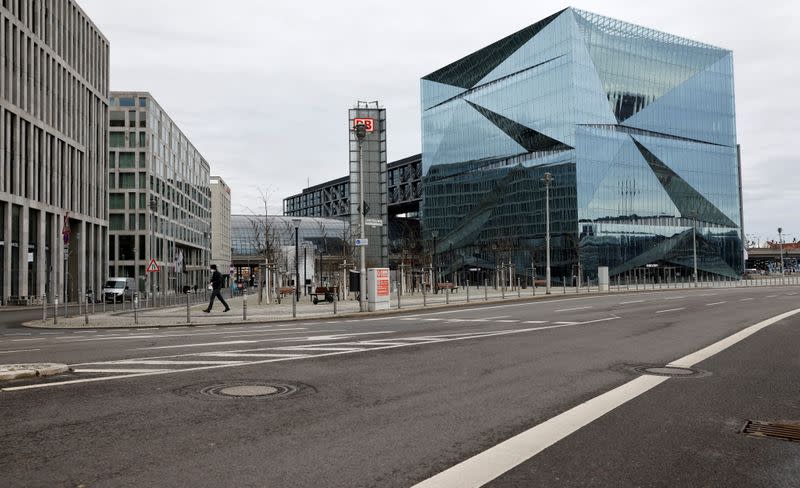 General view of empty streets in a business district in Berlin