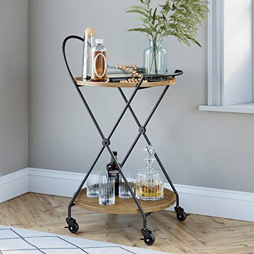 Nathan James Sage Retro Mid-Century Round Rolling Bar Serving Cart with 2-Tier Trays and Powder Coated Metal Finish, Warm Walnut/Black