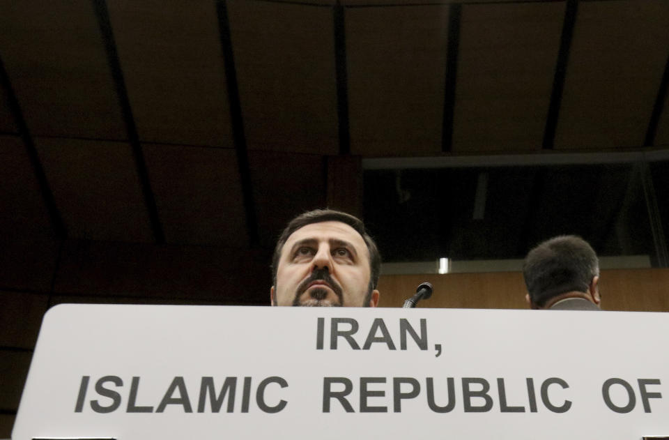 Iran's Ambassador to the International Atomic Energy Agency, IAEA, Gharib Abadi, waits for the start of the IAEA board of governors meeting at the International Center in Vienna, Austria, Thursday, Nov. 21, 2019. (AP Photo/Ronald Zak)