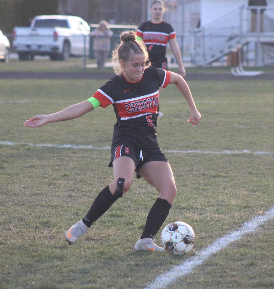 Cheboygan senior Autumn Gingrich passes the ball to a teammate during the second half against Tawas on Monday.