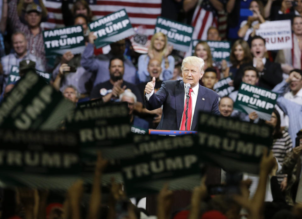 FILE - Republican presidential candidate Donald Trump speaks during a rally, Friday, May 27, 2016, in Fresno, Calif. Former President Donald Trump is set to make a personal pitch to California Republicans in a bid to solidify his support in a GOP presidential contest he has dominated for months. The leading GOP White House hopeful is scheduled to give a speech Friday, Sept. 29, 2023, at a state Republican Party convention near Disneyland. (AP Photo/Chris Carlson, File)