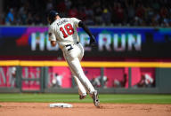 Sep 23, 2018; Atlanta, GA, USA; Atlanta Braves left fielder Lane Adams (18) rounds second after hitting a home run against the Philadelphia Phillies during the fifth inning at SunTrust Park. Mandatory Credit: Adam Hagy-USA TODAY Sports