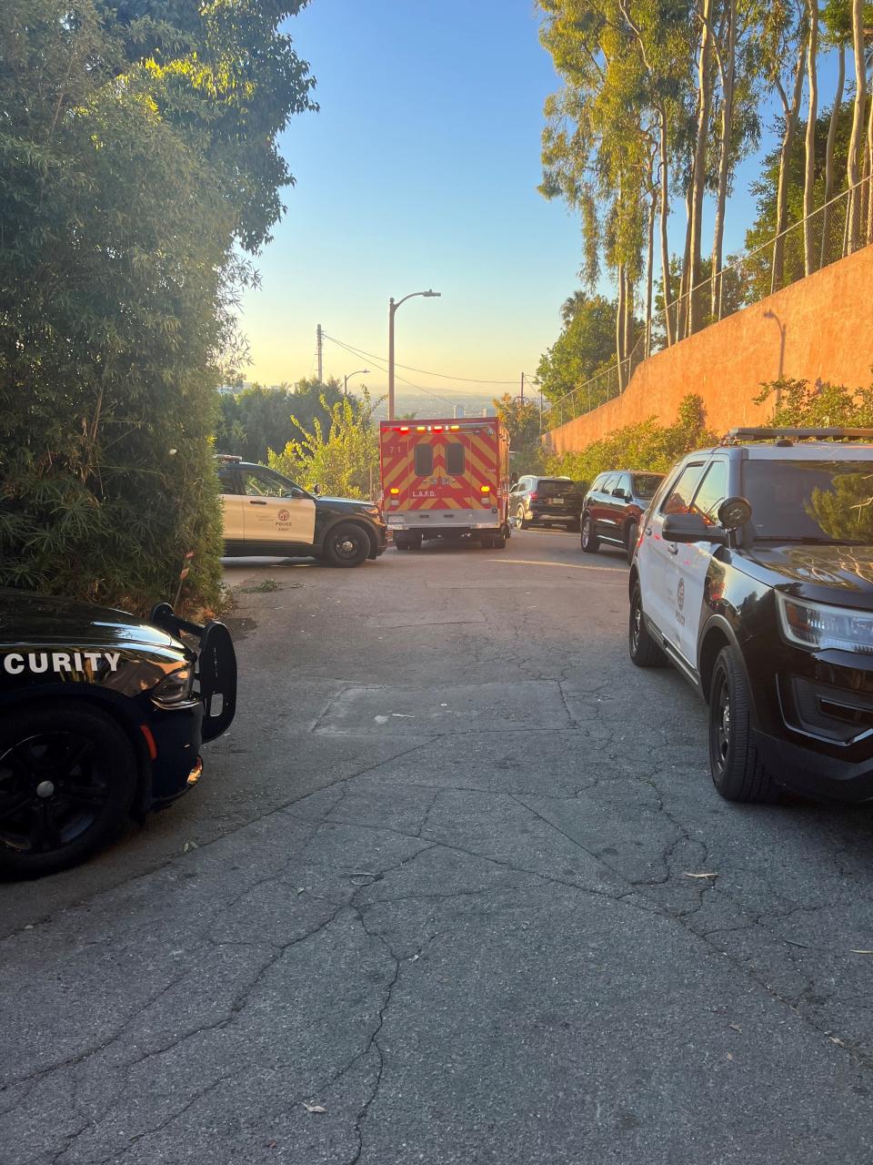 Police and EMT outside the property in Beverly Hills, Los Angeles that has allegedly been taken over by a group of squatters.