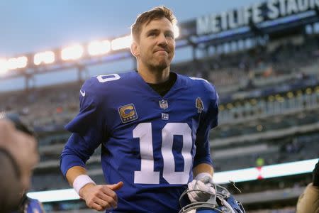 Dec 30, 2018; East Rutherford, NJ, USA; New York Giants quarterback Eli Manning (10) leaves the field after losing to the Dallas Cowboys at MetLife Stadium. Mandatory Credit: Brad Penner-USA TODAY Sports