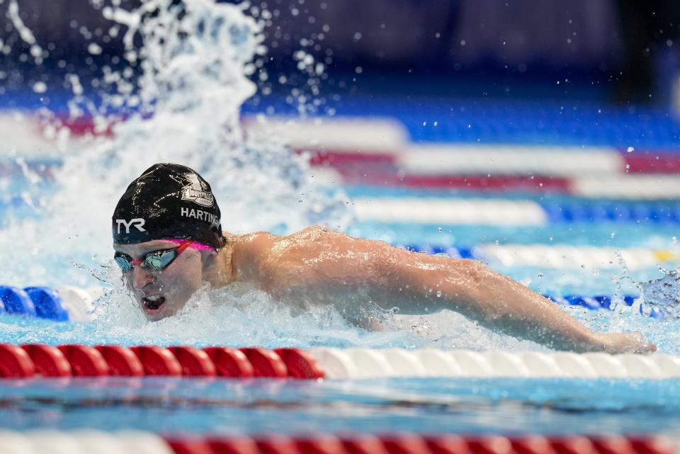 Zach Harting swims during a Men's 200 butterfly semifinals heat Tuesday, June 18, 2024, at the US Swimming Olympic Trials in Indianapolis. (AP Photo/Darron Cummings)