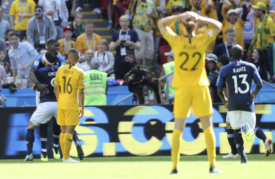 Paul Pogba celebrates with his teammate Olivier Giroud after France’s dramatic late winner in Kazan (AP Photo/David Vincent)