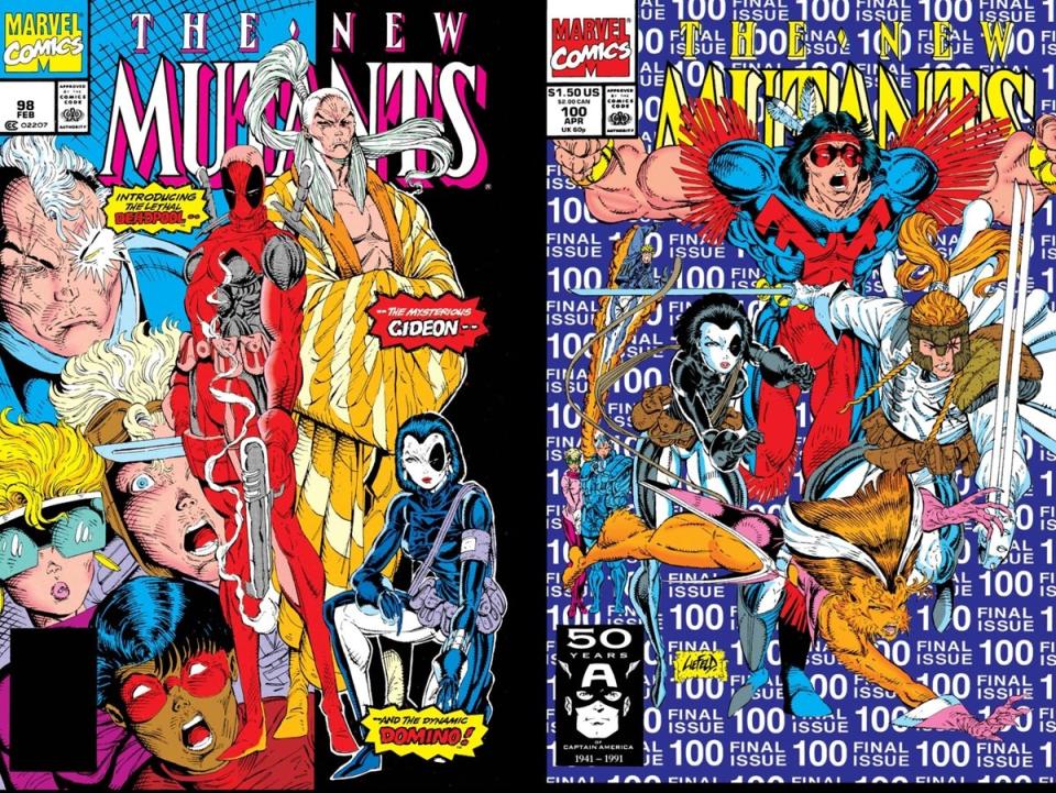 The covers for 1991 New Mutants #98 and #100, by Rob Liefeld, the first appearances of Deadpool and Domino. 