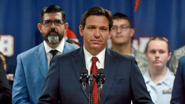 PHOTO: Gov. Ron DeSantis visited Fort Walton Beach High School to announce an expansion of the Purple Star Schools of Distinction program, on Nov. 15, 2022, in Fort Walton Beach, Fla. (Devon Ravine/Northwest Florida Daily News via USA Today Network)