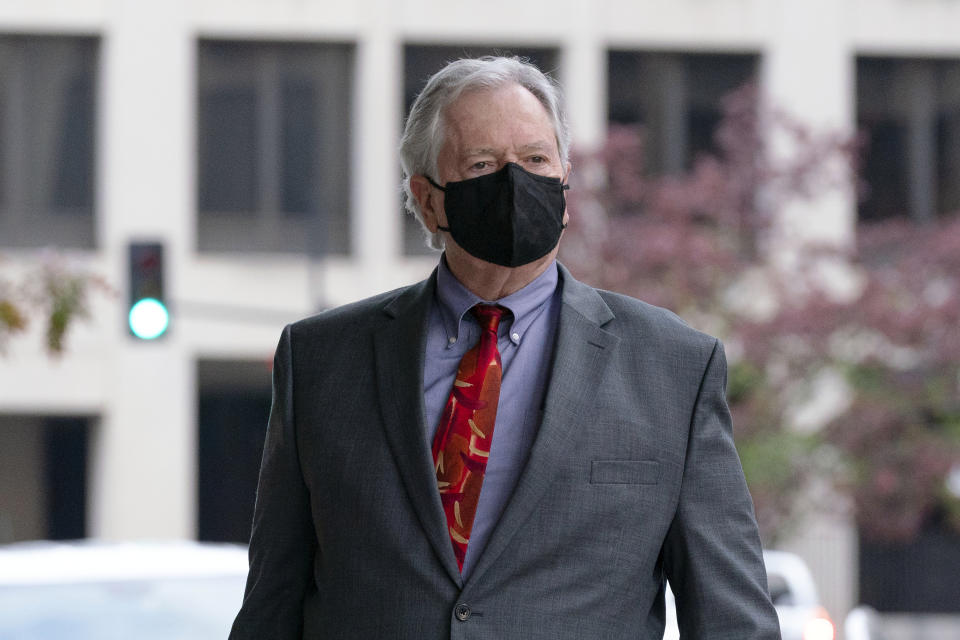 Thomas Caldwell of Berryville, Va., a defendant charged with seditious conspiracy in one of the most serious cases to emerge from the Jan. 6, 2021 attack on the U.S. Capitol, arrives at the Federal Courthouse during the Rhodes trial in Washington, Monday, Nov. 7, 2022. ( AP Photo/Jose Luis Magana)