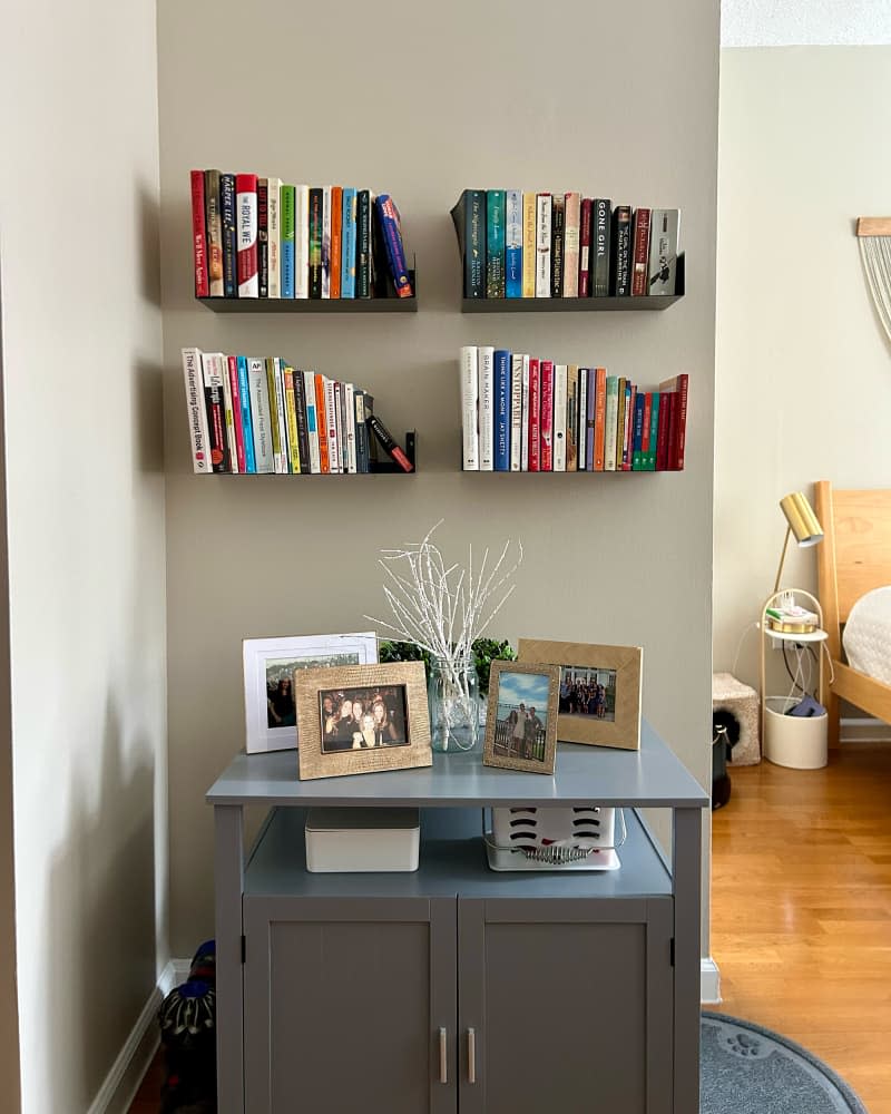 Books hanging on floating shelf in studio apartment.