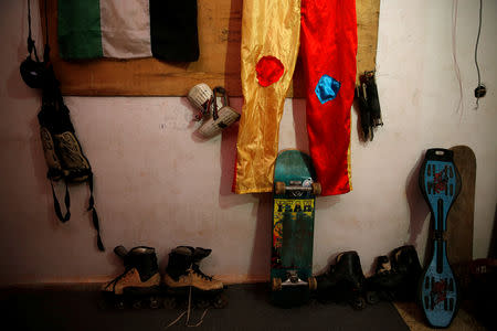 Skating tools used by Mustafa Sarhan, 19, a member of Gaza Skating Team, are seen inside his family house in Gaza City March 18, 2019. REUTERS/Mohammed Salem