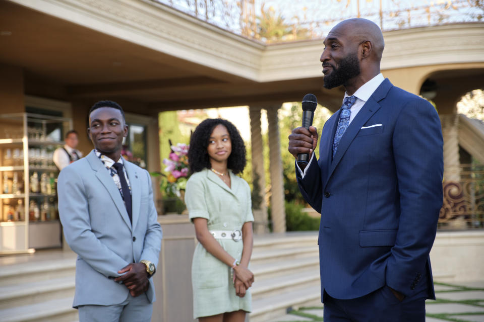 Olly Sholotan as Carlton Banks, Akira Akbar as Ashley Banks and Adrian Holmes as Phillip Banks in Bel-Air (Photo by: Adam Rose/Peacock)