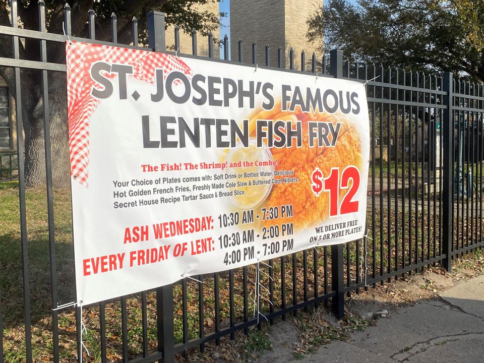 A sign for St. Joseph Catholic Church's 2023 Lenten Fish Fry hangs outside the church on Feb. 22, 2023. 