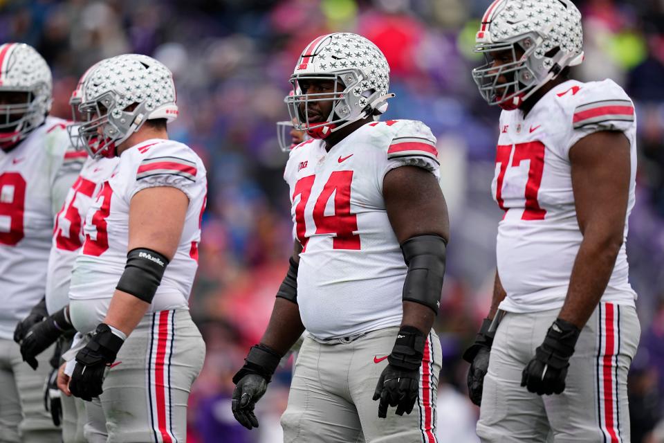 Ohio State's offensive line, including guard Donovan Jackson (74), will be key as the Buckeyes face the nation's best defensive line on Saturday.