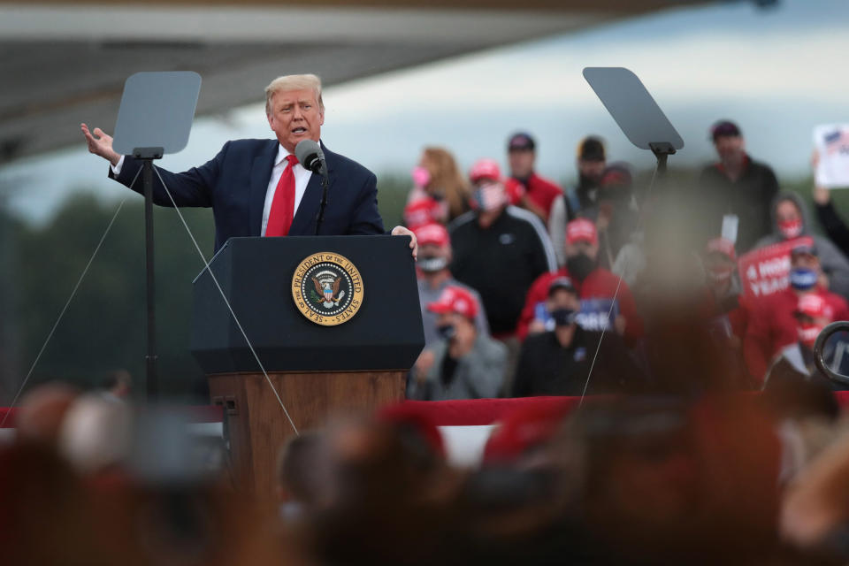 President Donald Trump speaks to supporters during a rally in Freeland, Mich., on Sept. 10, 2020.<span class="copyright">Scott Olson—Getty Images</span>