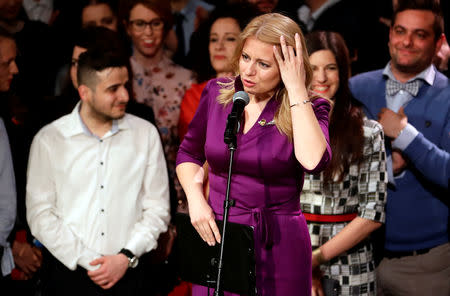 Slovakia's presidential candidate Zuzana Caputova speaks at the party's headquarters in Bratislava, Slovakia, March 30, 2019. REUTERS/David W Cerny