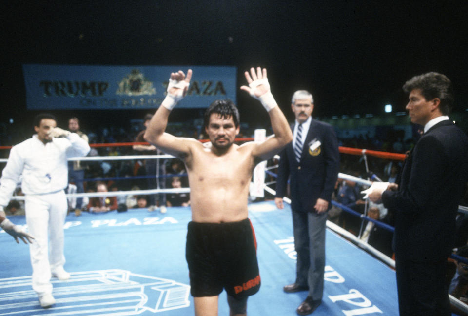 Roberto Duran celebrates after he defeated Ricky Stackhouse in a 10 round middleweight fight on February 5, 1988, at the Convention Hall in Atlantic City, New Jersey. Duran won the fight via unanimous decision.